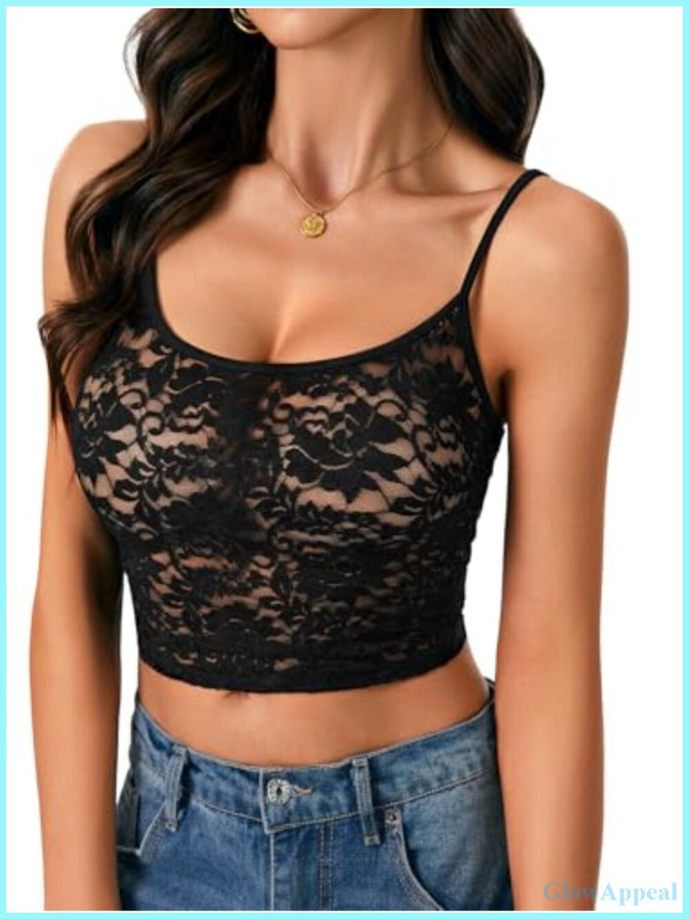 LYANER Women's Floral Lace Sheer Cami Spaghetti Strap Crop Top